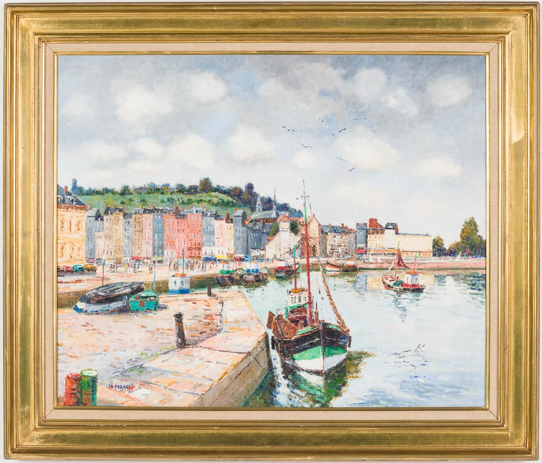 Charles Pollaci (1907-1989), L'Avant Port Hon Fleur: Property from a Private Collection, Savannah, GA Description: Charles Pollaci (French, 1907-1989), L'Avant Port Hon Fleur, O/C, signed lower left, signed and titled on verso, depicting a dockside