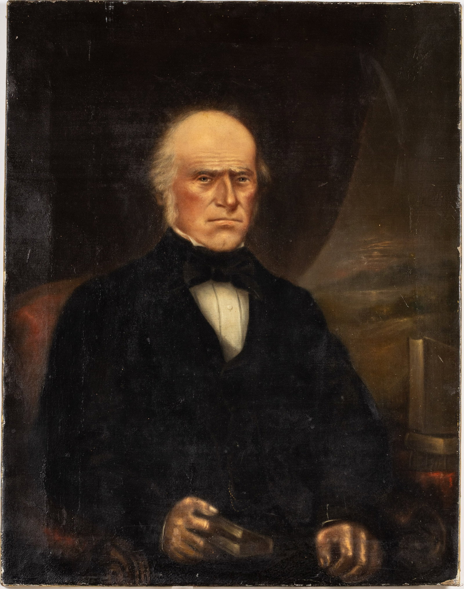 Portrait Possibly of Nathaniel Rochester, Oil: Property from a Bluffton, SC Estate Description: American School, Portrait of a Gentleman, Possibly Nathaniel Rochester, Oil on Canvas, unsigned, depicting a seated gentleman holding a book.