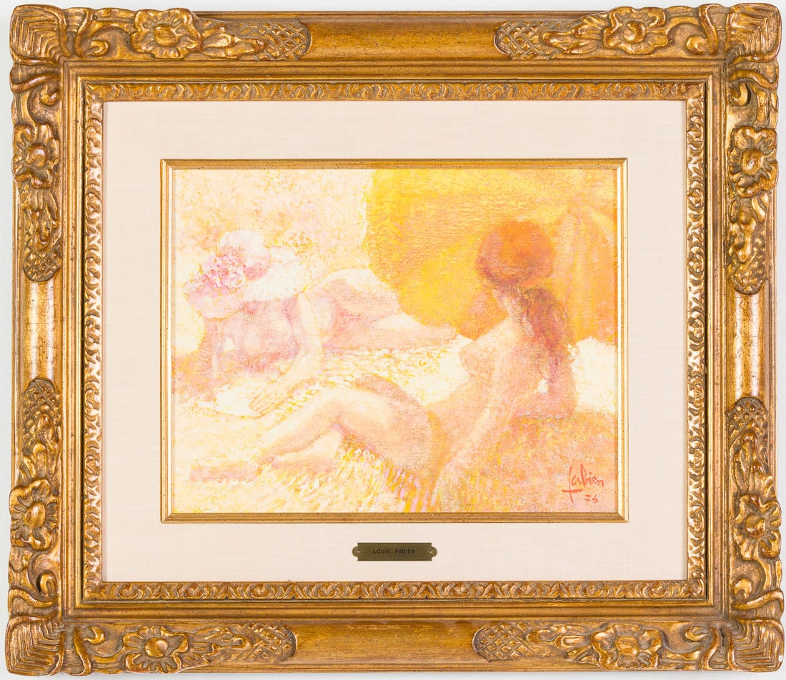 Louis Fabien (French,1924-2016), Plage a Cavaliere: Property from a Private Collection, Savannah, GA Description: Louis Fabien (French,1924-2016), Plage a Cavaliere, O/C, signed and dated '76 lower right, depicting two reclining women at the beach,