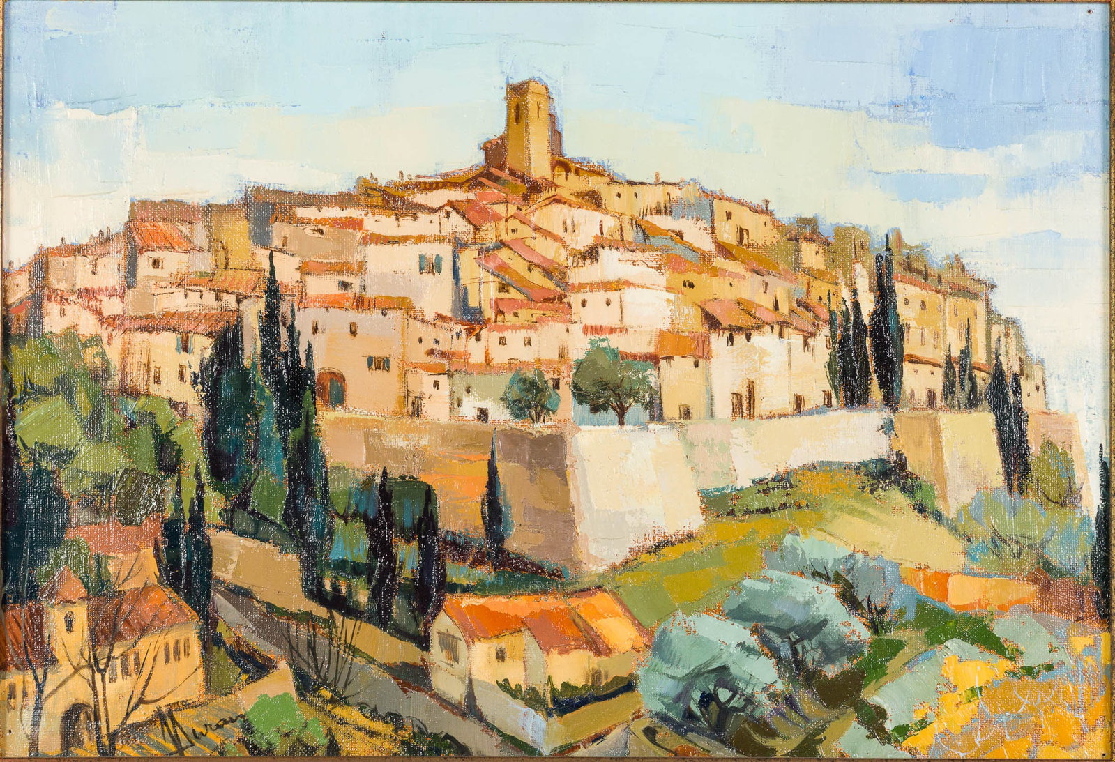 Jori Duran (French, 20th C), San Paul de Venice, O/C: Property from a Private Collection, Savannah, GA Description: Jori Duran (French, 20th C), San Paul de Venice, O/C, signed lower left, signed and titled verso, depicting a hill village, in a giltwood