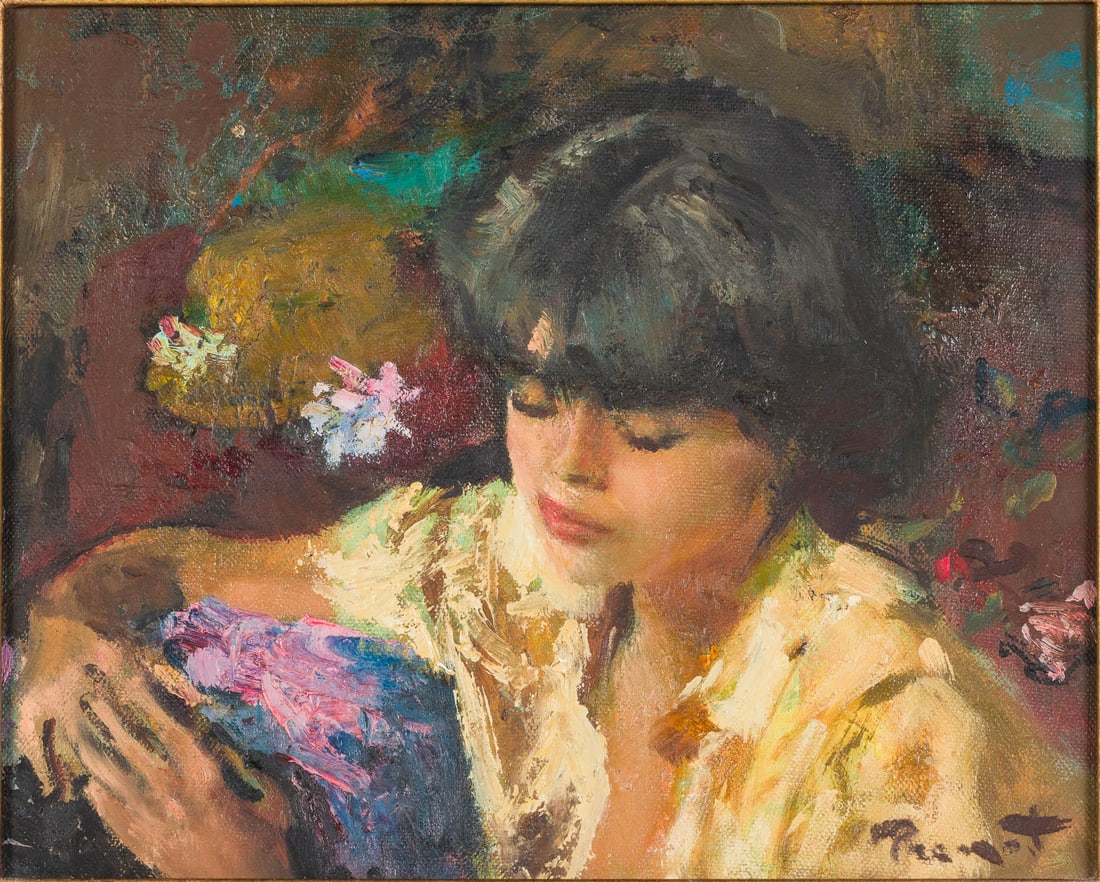 Pierre Laurent Brenot (French, 1913-1998) Maria, O/C: Property from a Private Collection, Savannah, GA Description: Pierre Laurent Brenot (French, 1913-1998), Maria, O/C, signed lower right, depicting a dark-haired girl, signed and titled verso, in a