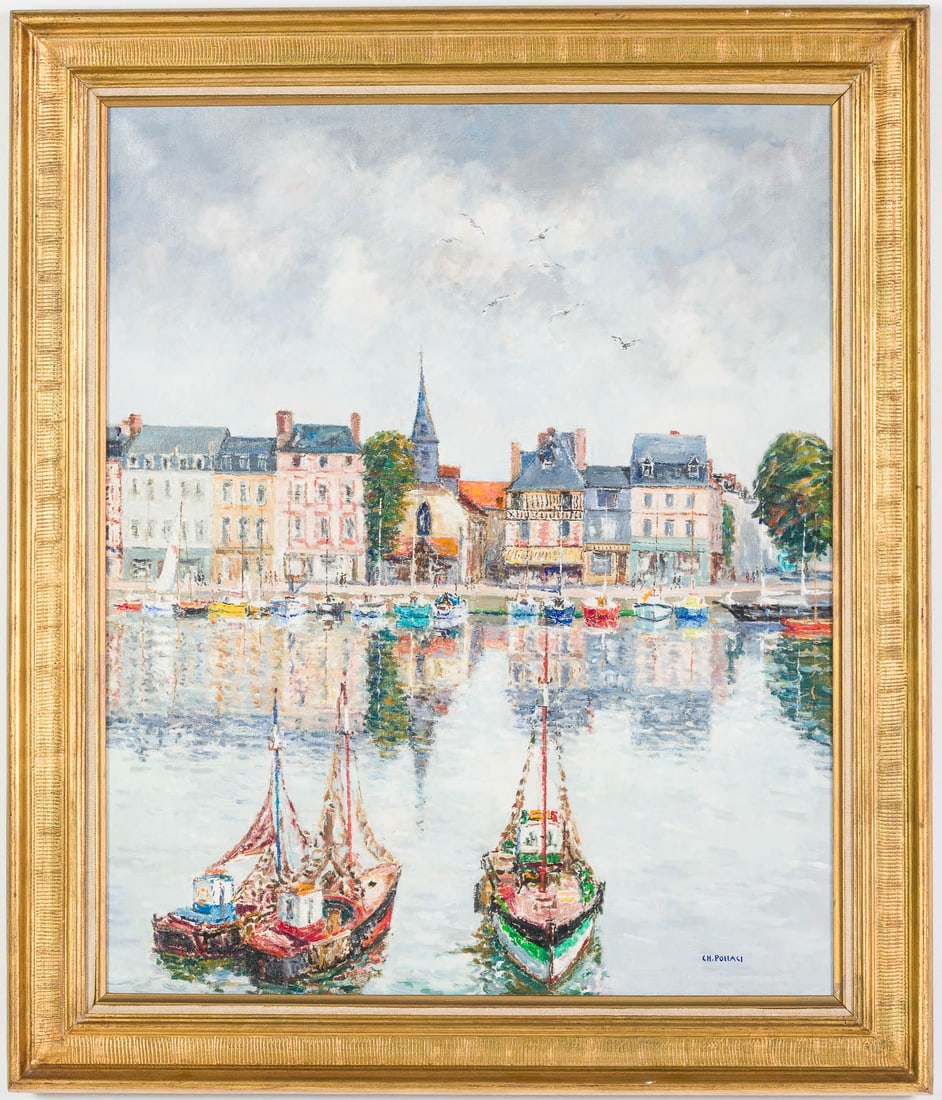 Charles Pollaci (French) Quai St. Etienne Houn Fleur: Property from a Private Collection, Savannah, GA Description: Charles Pollaci (French, 1907-1989), Quai St. Etienne Houn Fleur, O/C, signed lower right, signed and titled on verso, depicting boats in