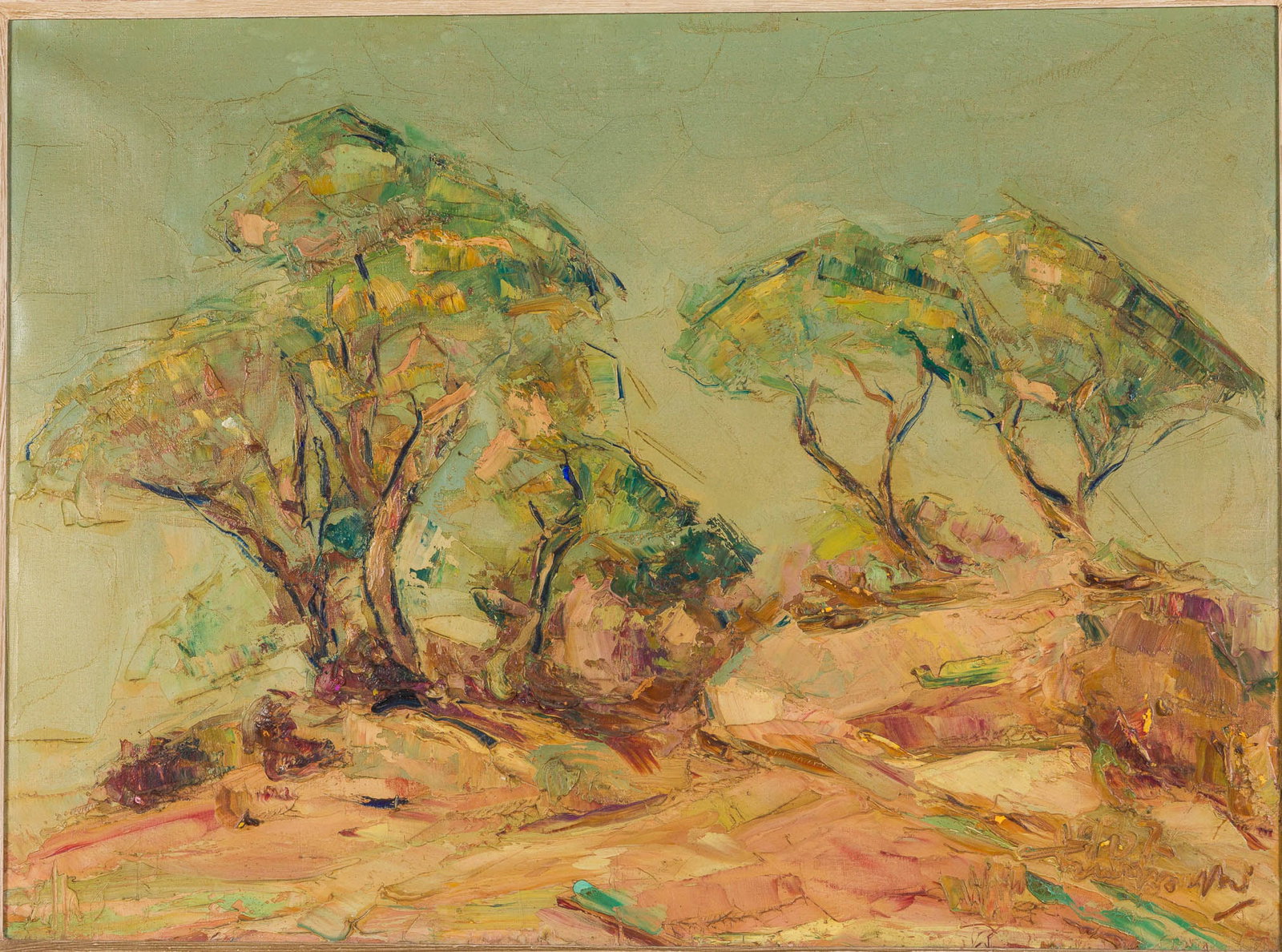 Illegibly Signed, Landscape, Oil on Canvas: Property of a Private Collector, Savannah, GA Description: Illegibly Signed, Landscape, Oil on Canvas, signed lower right, depicting a scene with trees on a hill, in a giltwood frame. Frame size: 26