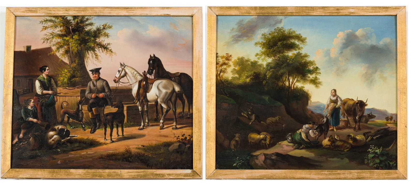 Two Continental Genre-Bild Paintings on Tin: Property of Bliss Hebert and Allen Charles Klein Description: Two Continental Genre-Bild Paintings on Tin, comprising a scene with two peasant women and animals in a rural setting, titled on verso,