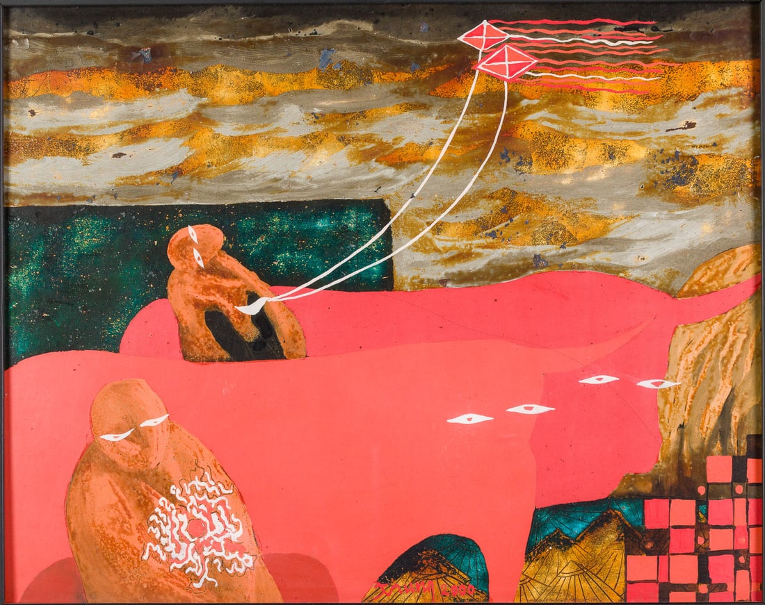 Signed Trung, Figures with Bulls and Kites, Lacquer: Property of a Private Collector, Ridgeland, SC Description: Signed Trung, Figures with Bulls and Kites, Lacquer on Board, 2000, signed and dated 2000 lower center, depicting an abstract scene with