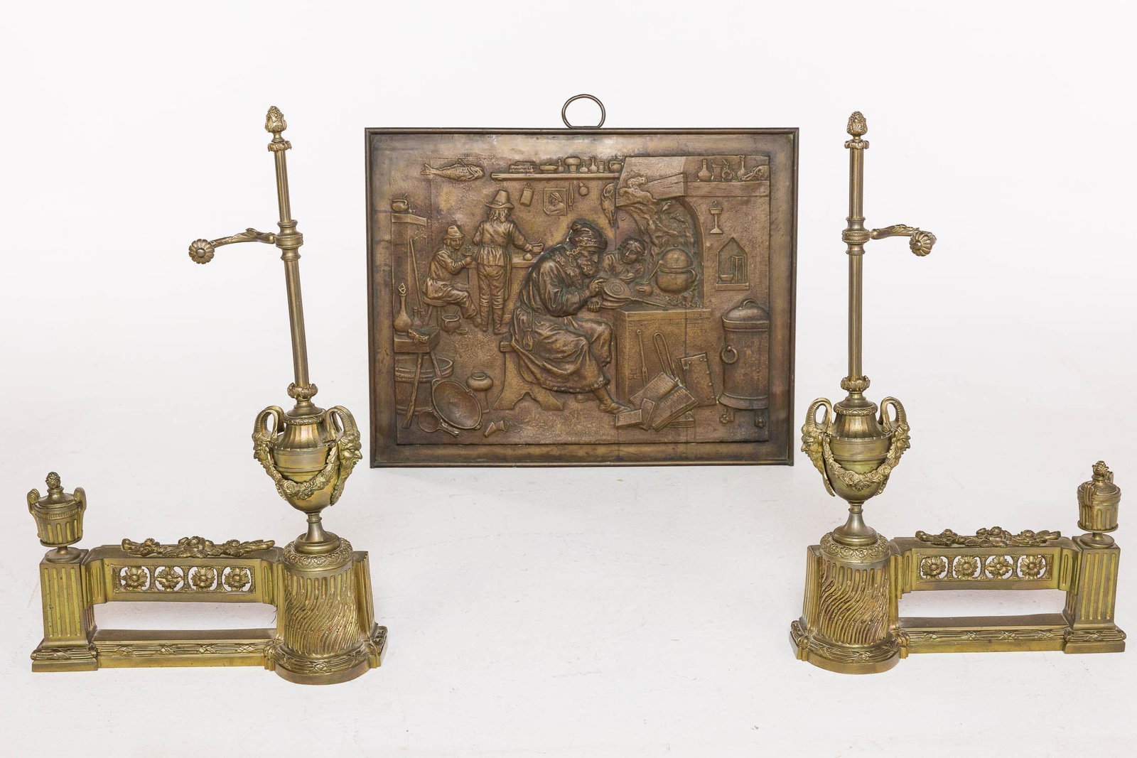 Pair Louis XVI Style Gilt Metal Chenets & Fireback (1 of 9)