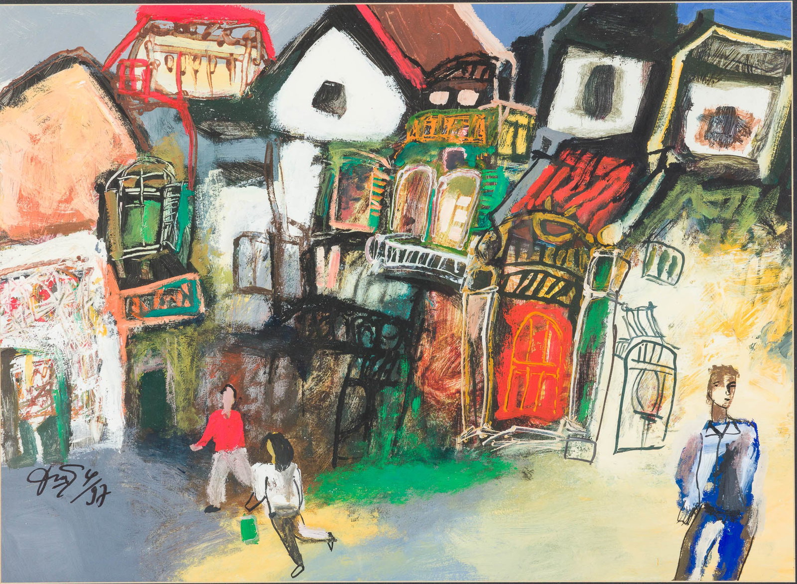 Initialed, Village Scene, Gouache on Paper, 1997: Property of a Private Collector, Ridgeland, SC Description: Initialed, Village Scene, Gouache on Paper, 1997, signed and dated 4/97 lower left, depicting figures on the street, in a black frame wi
