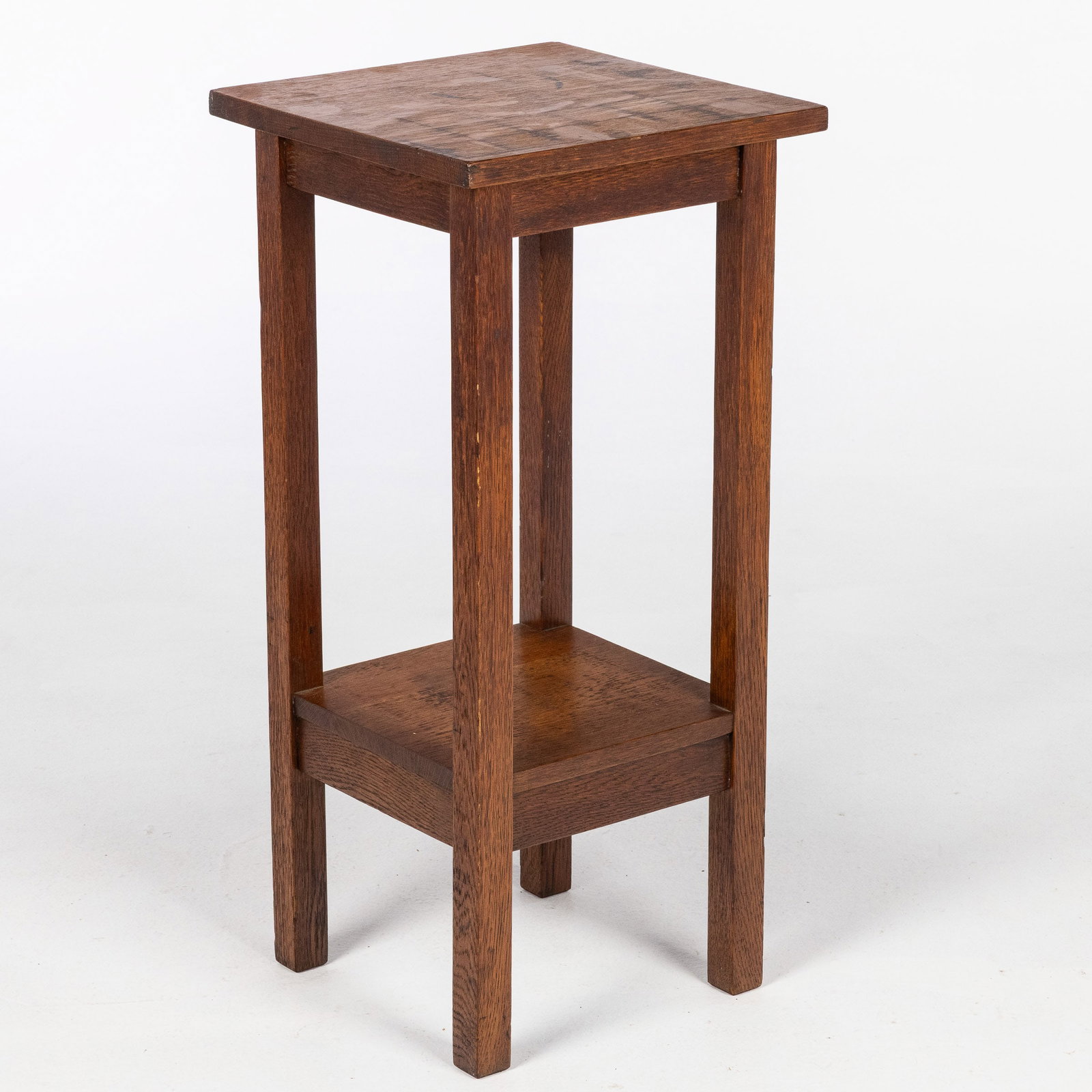 Stickley Square Side Table: Property from the Estate of Arthur B. Kouwenhoven Jr., Savannah, GA Description: Stickley Square Side Table, with partial Gustav Stickley label on underside of top and Stickley mark on side of pla