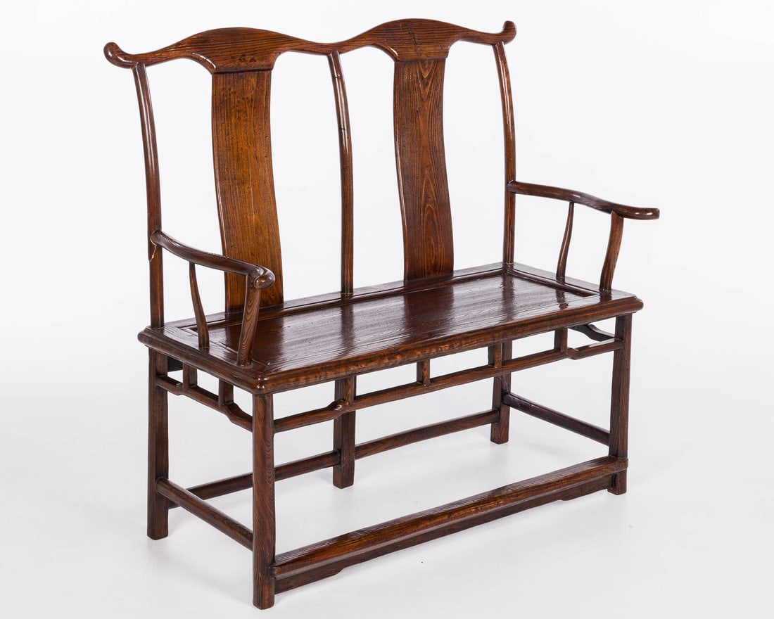 Chinese Elmwood Double Yokeback Settee, 19th C: Property of a Private Collector, Savannah, GA Description: Chinese Elmwood Double Yokeback Settee, 19th C, with yoke back above a plank seat raised on slightly flared legs joined by stretchers.