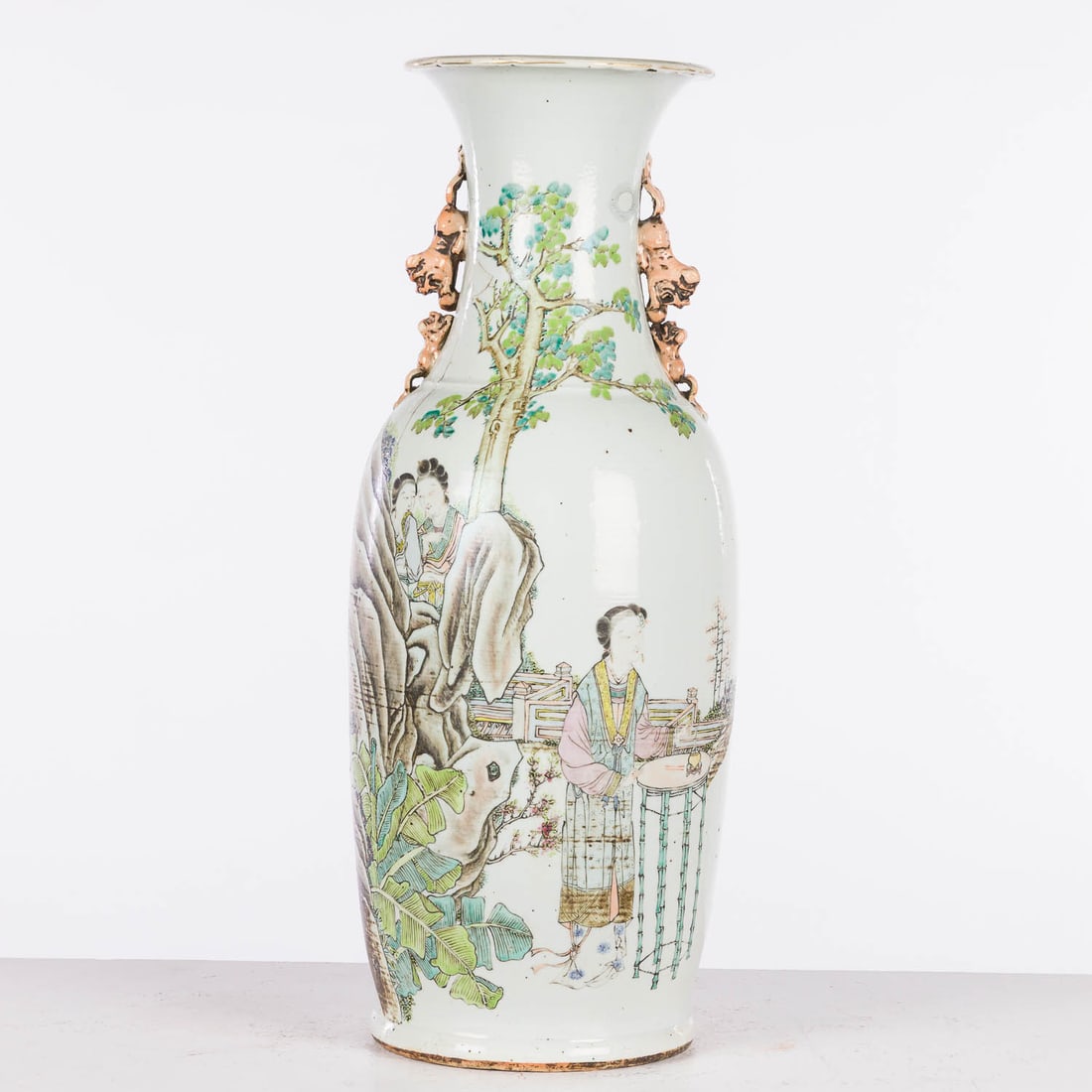 Chinese Famille Rose Vase, Late 19th/Early 20th C: Property of Bliss Hebert and Allen Charles Klein Description: Chinese Famille Rose Large Vase, Late 19th/Early 20th C, painted with figures, with foo dog handles, marked in orange on underside.