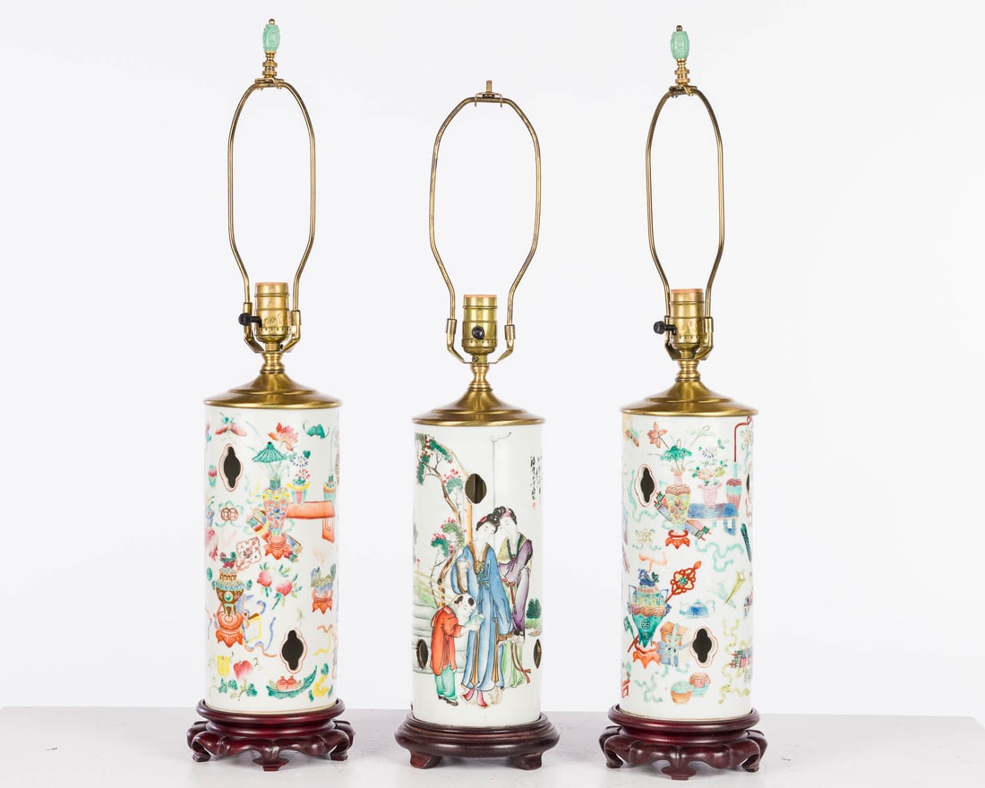 3 Chinese Porcelain Hat Stands Mounted as Lamps: Property of a Private Collector, Savannah, GA Description: 3 Chinese Porcelain Hat Stands Mounted as Lamps, comprising a pair of porcelain hat stands decorated with vases of flowers, tables and