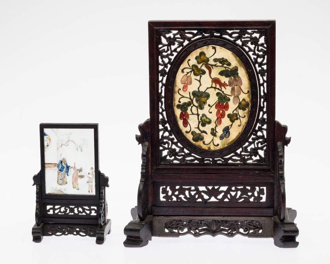 Chinese Hardstone Table Screen & Eglomise Screen: Description: Chinese Hardstone Table Screen and a Small Eglomise Table Screen, comprising an oval hardwood panel decorated with grape vines and squirrel, set in a carved wood tablescreen, and a small