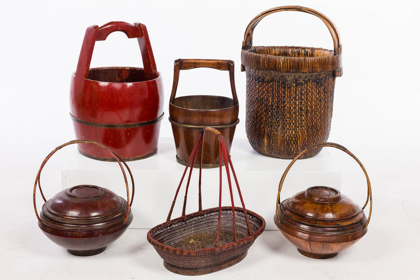 6 Chinese Wood and Woven Baskets: Property of a Private Collector, Savannah, GA Description: 6 Chinese Wood and Woven Baskets, each with handles, two with lids. Measurements: Height: of largest 22 in. x Width: 16 in.