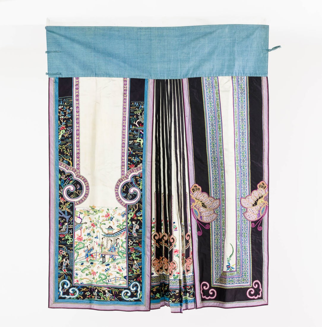 Qing Dynasty Embroidered Woman?s Skirt: Description: Qing Dynasty Embroidered Woman?s Skirt, with multicolored panel design in tones of lavender, violet, soft green, blue, and black, featuring a central panel depicting a court scene.