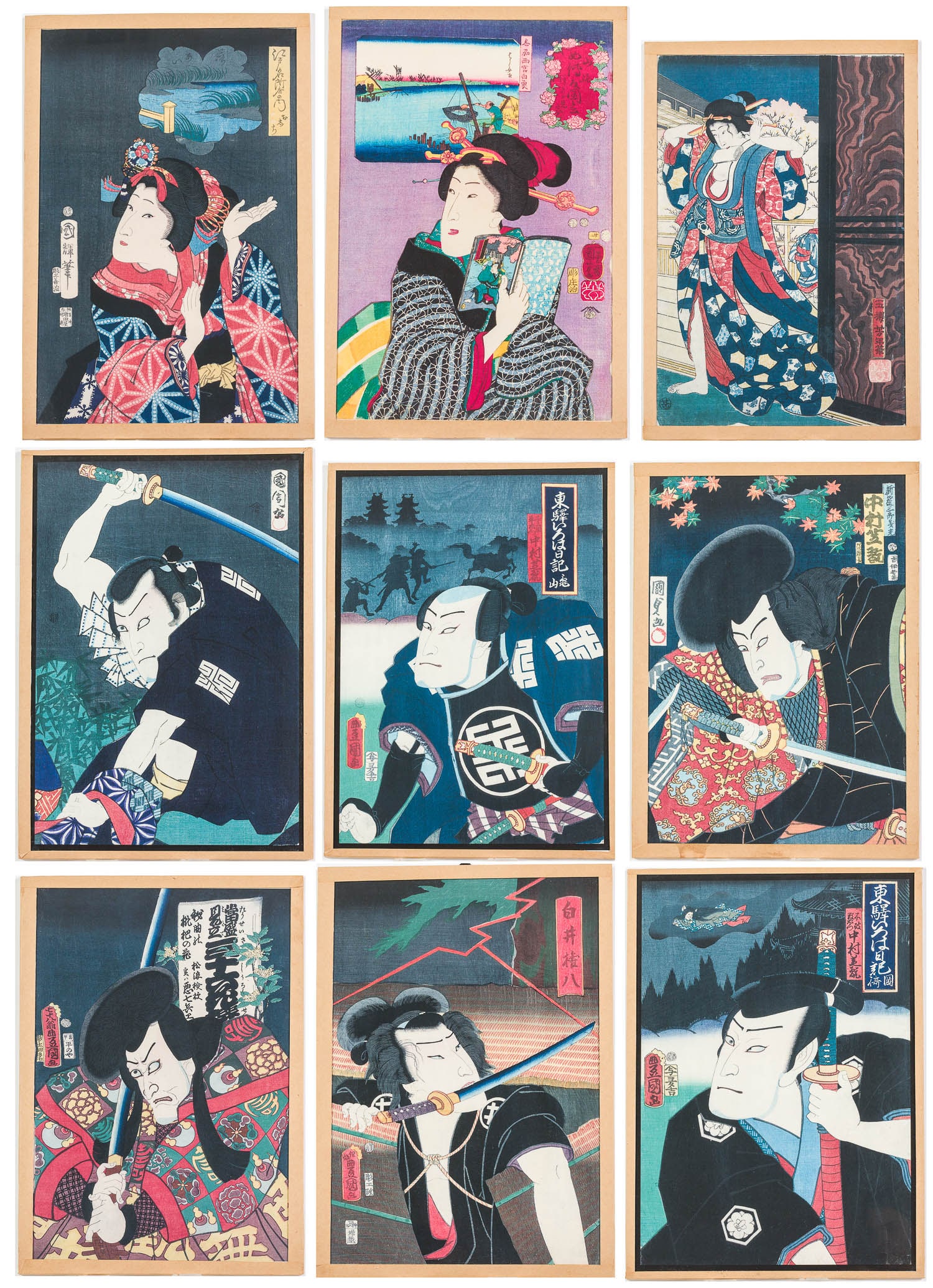 9 Japanese Woodblock Reproductions: Property of Bliss Hebert and Allen Charles Klein Description: 9 Japanese Woodblock Reproductions, comprising "Landscapes and Beauties: Feeling like Reading the Next Volume" by Utagawa Kuniyoshi,