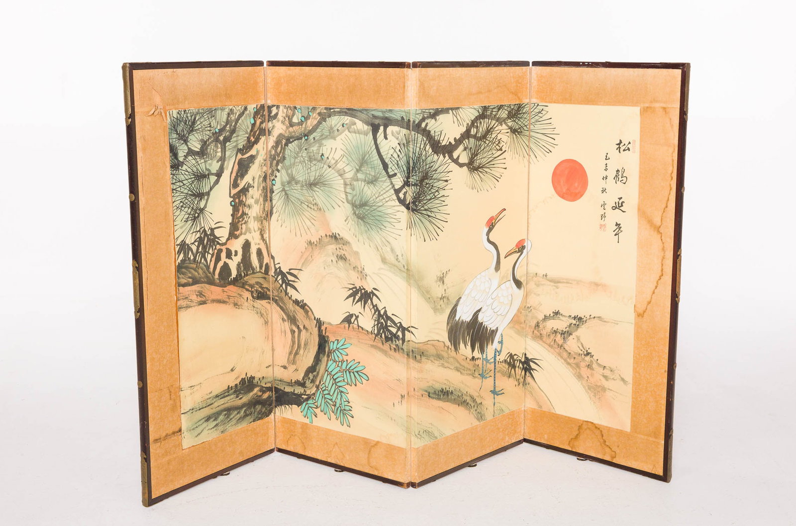 Asian Painted Screen with Cranes: Property from a Private Collection, New York City Description: Asian Painted Screen with Cranes, the four panel screen depicting two white cranes with hills and tree, inscribed and stamped top right,