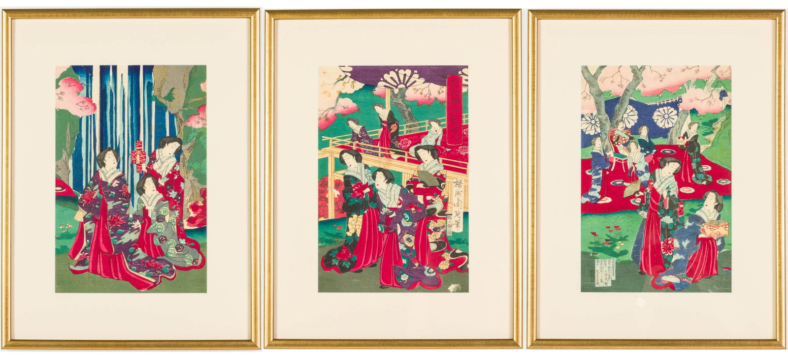 3 Japanese Woodblock Prints: Property of Bliss Hebert and Allen Charles Klein Description: 3 Japanese Woodblock Prints, comprising three scenes of the Imperial court with women viewing a performance, all in giltwood frames with