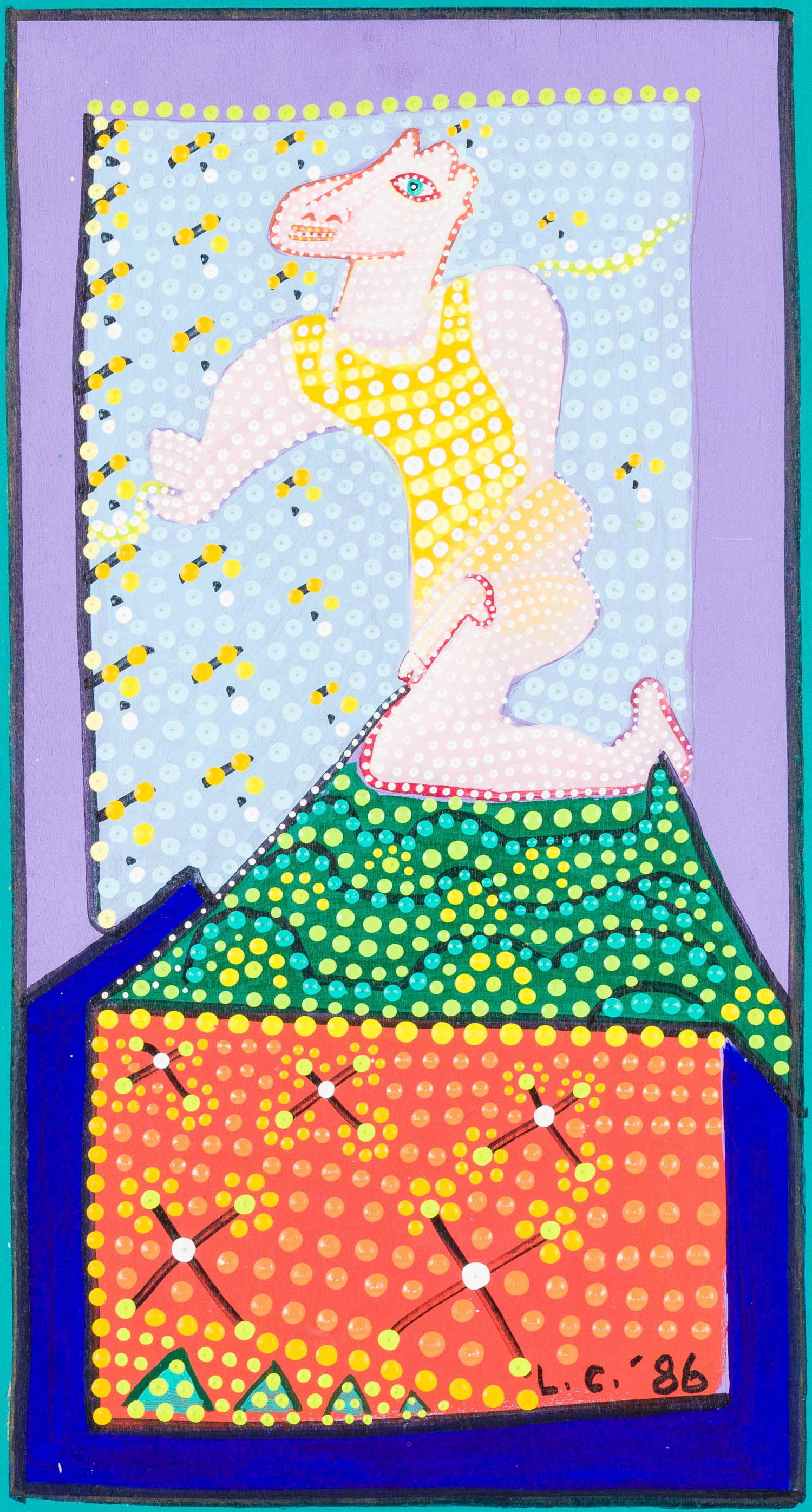 Larry Connatser, Mythical Creature, Acrylic on Board: Property from the Estate of Miriam K. Center, Savannah, GA Description: Larry Connatser (American, 1938 - 1996), Mythical Creature, Acrylic on Board, 1986, signed and dated '86 lower right, signed,