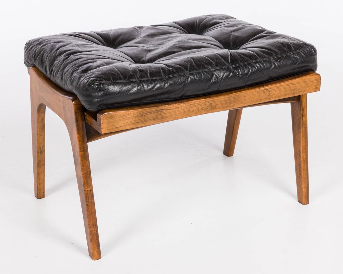 MCM Stained Wood Stool with Faux Leather Cushion: Property of a Private Collector, St. Helena Island, SC Description: MCM Stained Wood Stool with Faux Leather Cushion, with rectangular button-tufted faux leather removable cushion, on outflared legs.