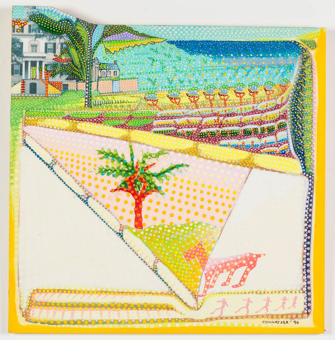Larry Connatser (1938 - 1996), Landscape with house: Property from the Estate of Miriam K. Center, Savannah, GA Description: Larry Connatser (American, 1938 - 1996), Landscape with a house and a dog, Acrylic on Board, 1990, signed and dated '90 lower