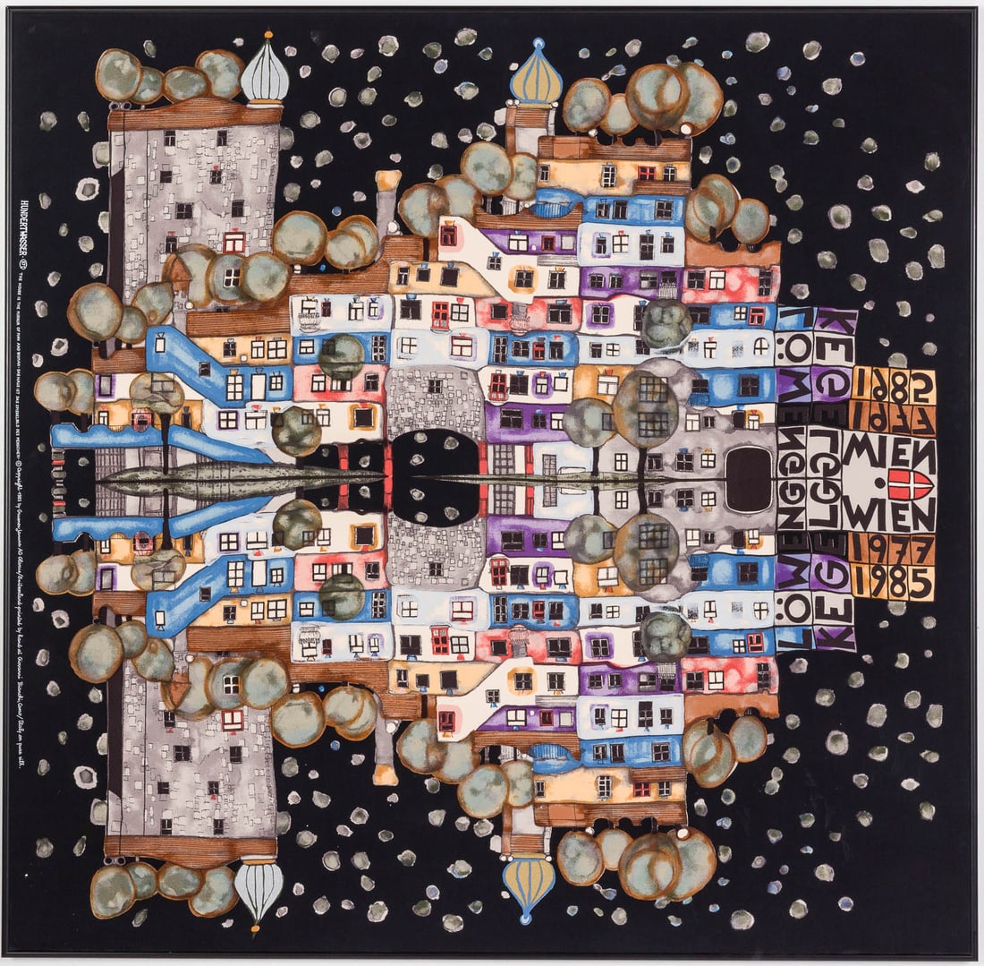 Hundertwasser The House is The Mirror of Man & Woman: Description: Friedensreich Hundertwasser (Austrian, 1928?2000), The House is The Mirror of Man and Woman, Print on Silk, 1985, signed, dated and titled, inscribed "871", "copyright 1985 by