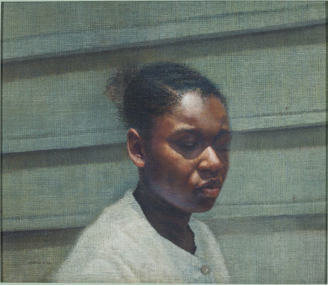 Mario Robinson (b. 1970), Independence Day, Pastel: Description: Mario Robinson (American, b. 1970), Independence Day, Pastel on Paper, 2003, unsigned, depicting a portrait of a girl against mint green facade wall, in a frame with mat. Frame size: