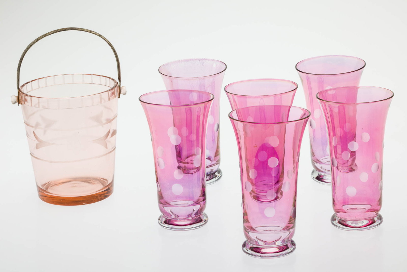 6 Pink Polka-Dot Highball Glasses & Pink Ice Bucket (1 of 12)
