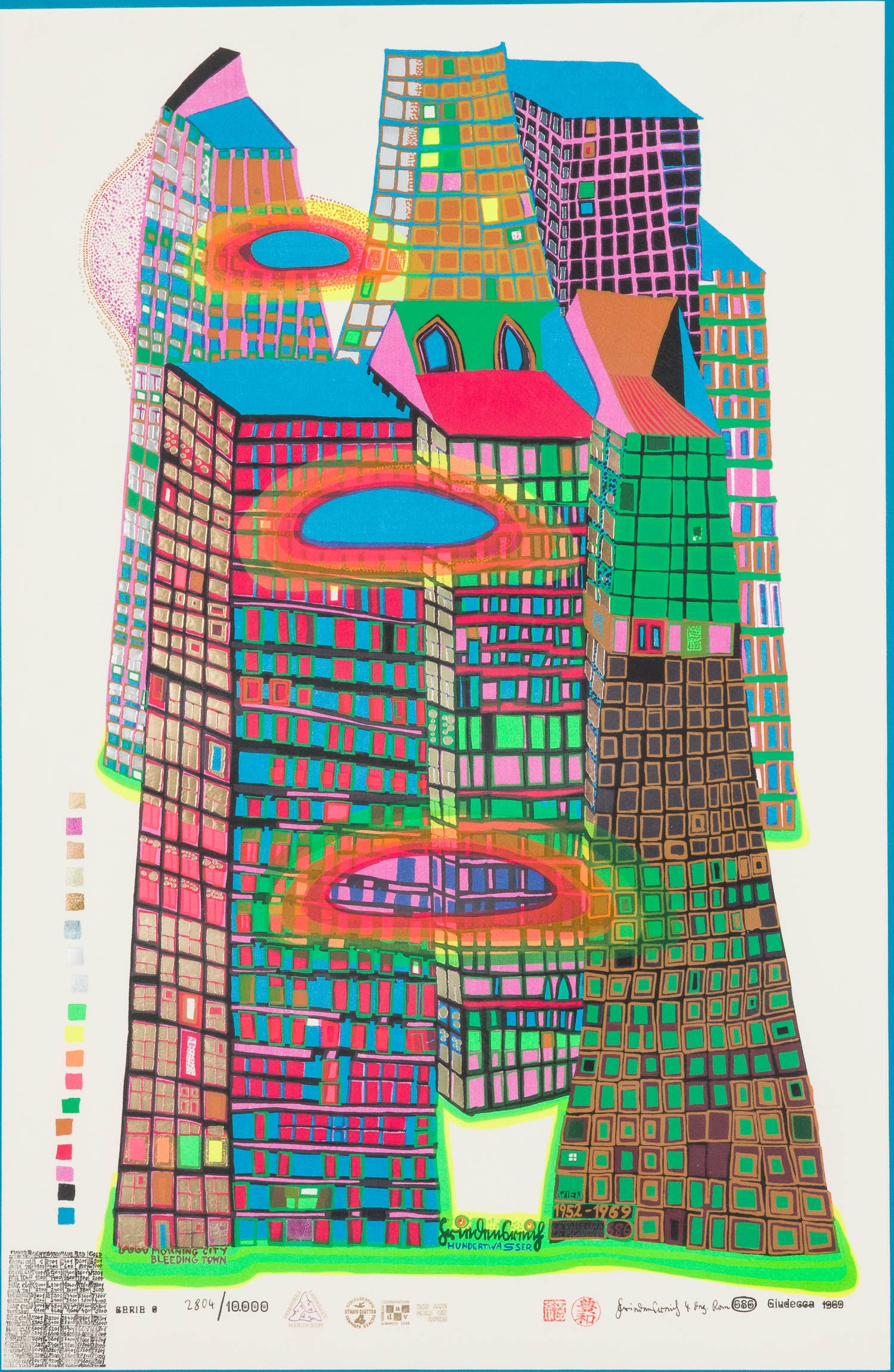 Hundertwasser (1928?2000), Good Morning City: Description: Friedensreich Hundertwasser (Austrian, 1928?2000), Good Morning City - Bleeding Town, Screenprint in Colors, 1969, signed, dated, titled and numbered lower edge, depicting an abstrac