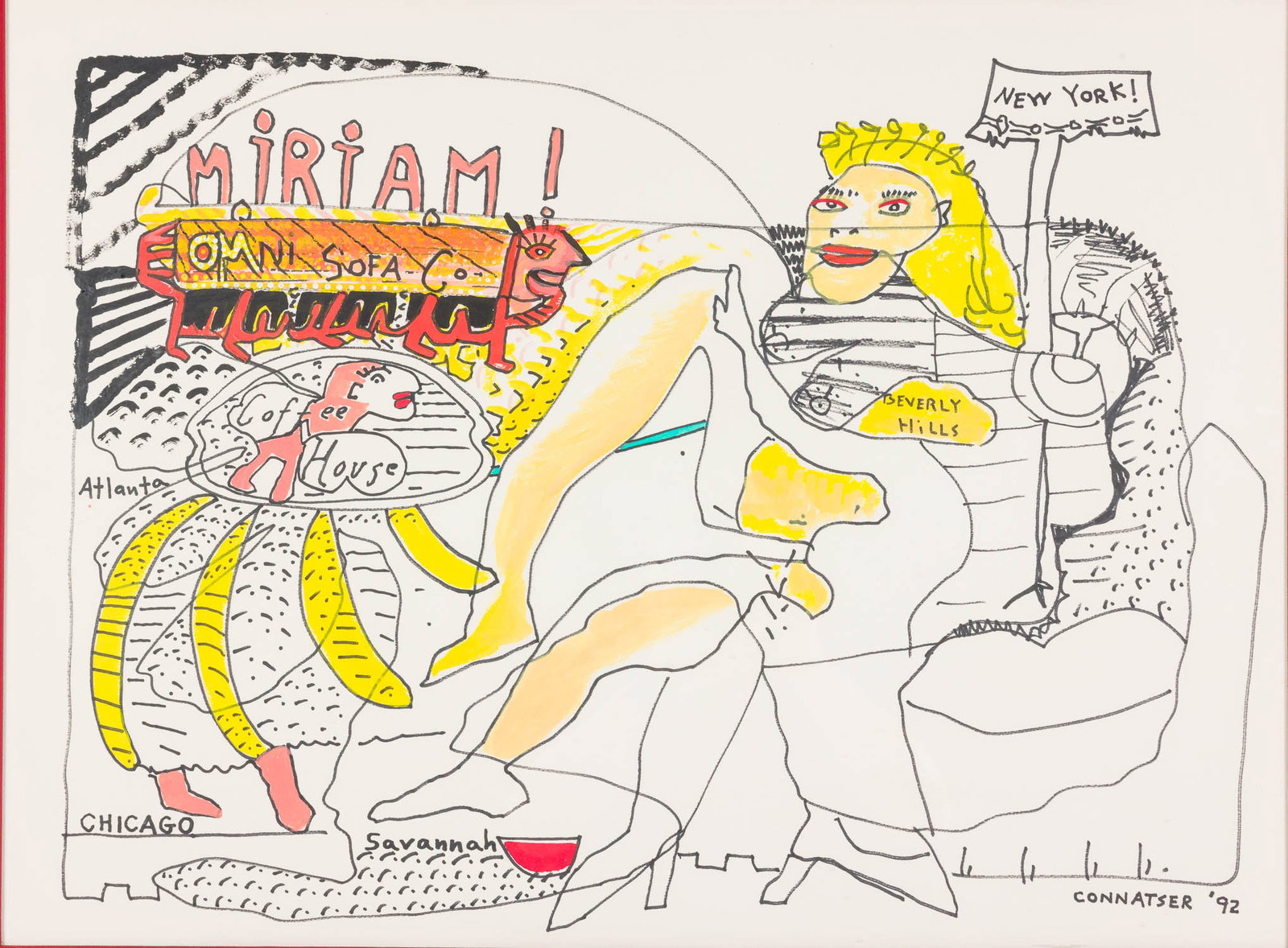 Larry Connatser (American, 1938 - 1996), Miriam,: Property from the Estate of Miriam K. Center, Savannah, GA Description: Larry Connatser (American, 1938 - 1996), Miriam, Pen and Watercolor on Paper, 1992, signed and dated '92, depicting a woman