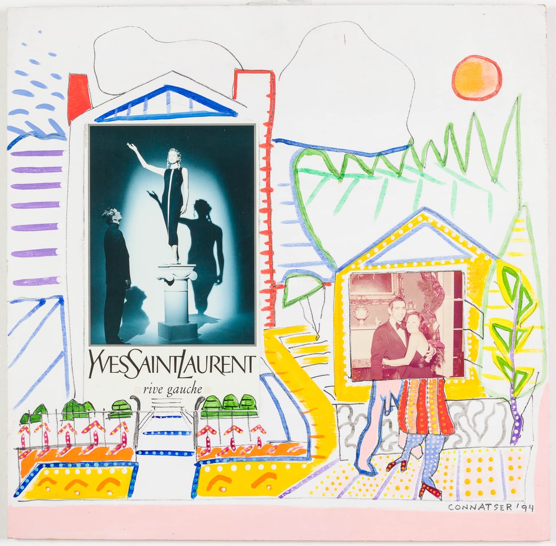 Larry Connatser (1938 - 1996), Yves St. Laurent, M/M: Property from the Estate of Miriam K. Center, Savannah, GA Description: Larry Connatser (American, 1938 - 1996), Yves St. Laurent, Mixed Media, 1994, signed and dated '94, depicting two houses with