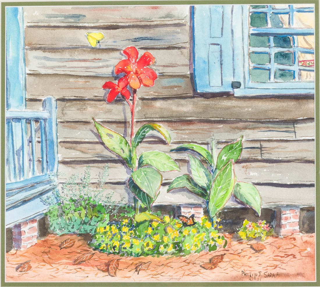 Philip Saraf (1930-2016), House with Flowers, W/C: Property from the Estate of Miriam K. Center, Savannah, GA Description: Philip Saraf (Savannah, 1930-2016), House with Flowers, Watercolor on Paper, 2001, signed and dated '01 lower right, depicting