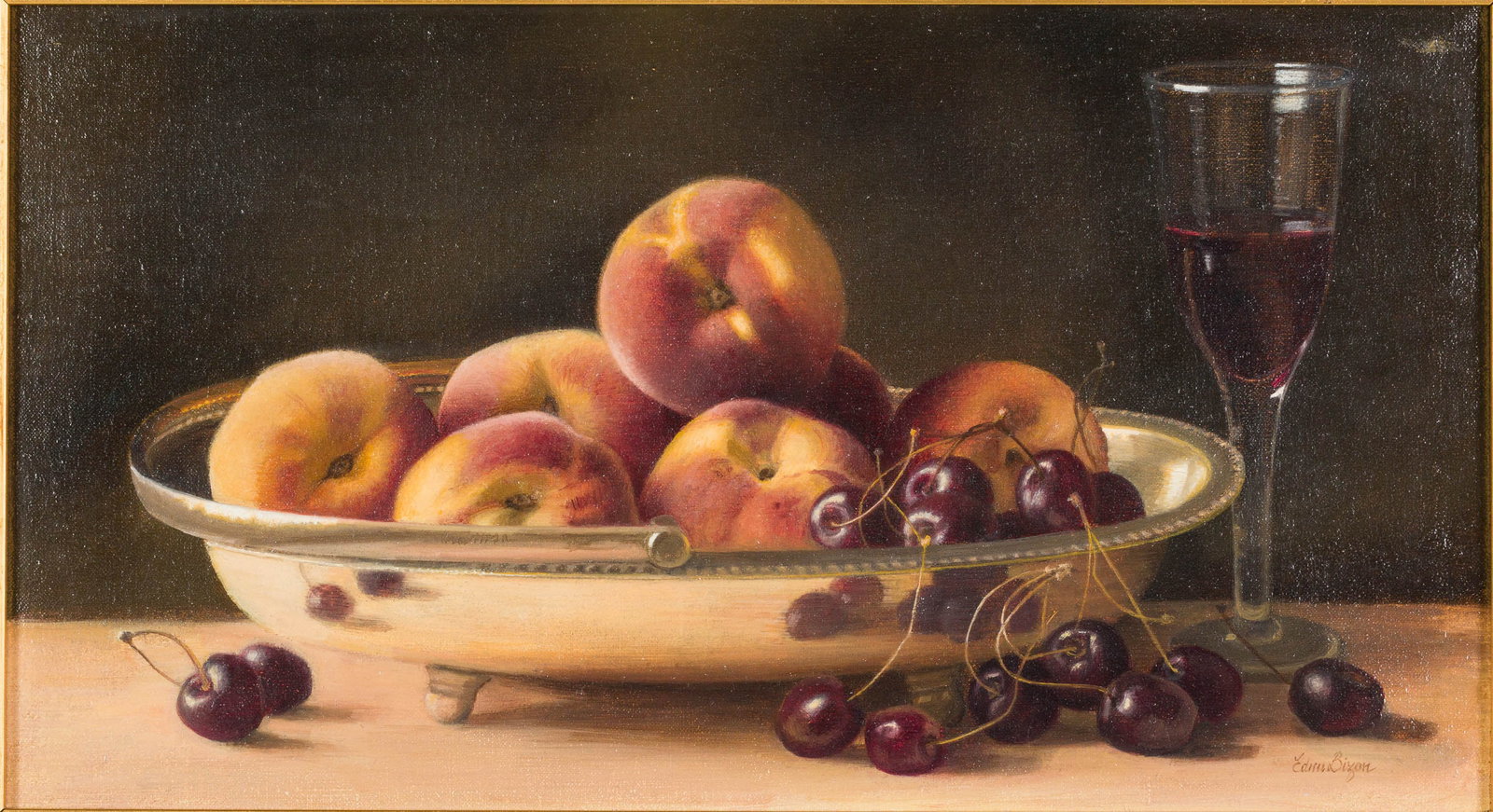 Edna Bizon (1929-2016), Fruit Still Life, O/C: Property from the Sandra S. Rhodes Estate, Hilton Head Island, SC Description: Edna Bizon (British, 1929-2016), Fruit in a Silver Dish, O/C, signed lower right with typed artist label and King Street