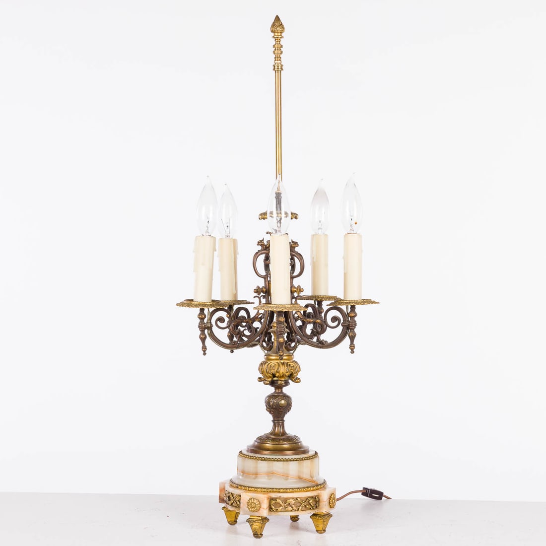 French Gilt Metal and Alabaster Lamp, Late 19th C: Property of a Private Collector, Savannah, GA Description: French Gilt Metal and Alabaster Lamp, Late 19th C, with five candlearms on a round columnar alabaster base, with central rod for mounting a