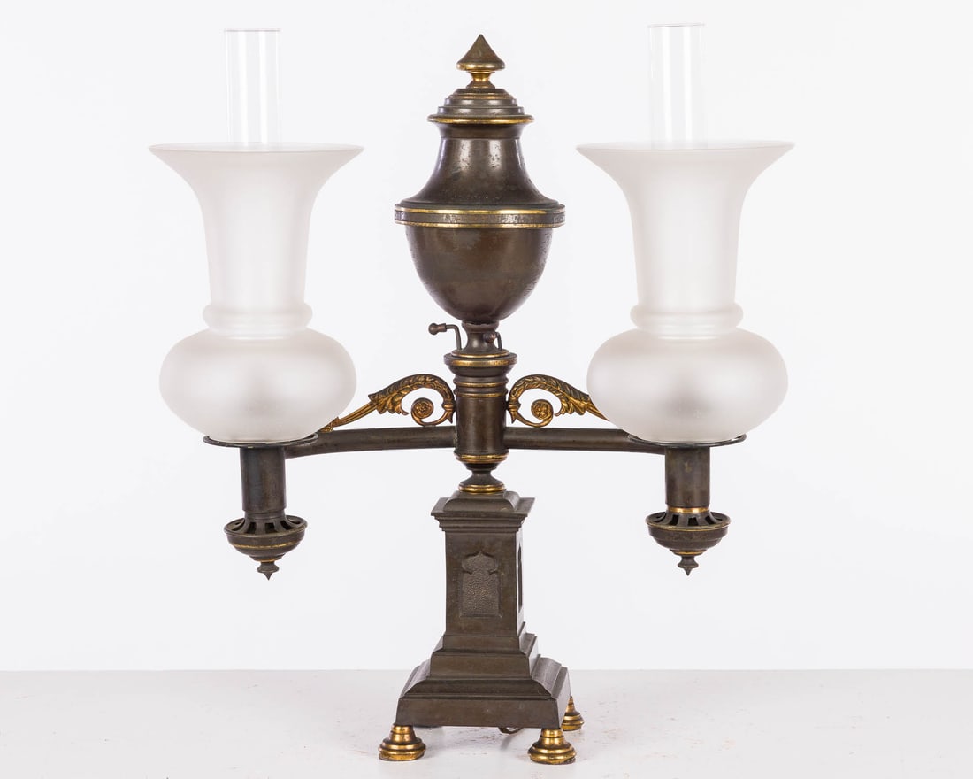 Gilt Bronze Neoclassical Style Oil Lamp, Late 19th C: Property of Bliss Hebert and Allen Charles Klein Description: Gilt Bronze Neoclassical Style Oil Lamp, Late 19th Century, parcel gilt bronze neoclassical style oil lamp, with two candle branches with