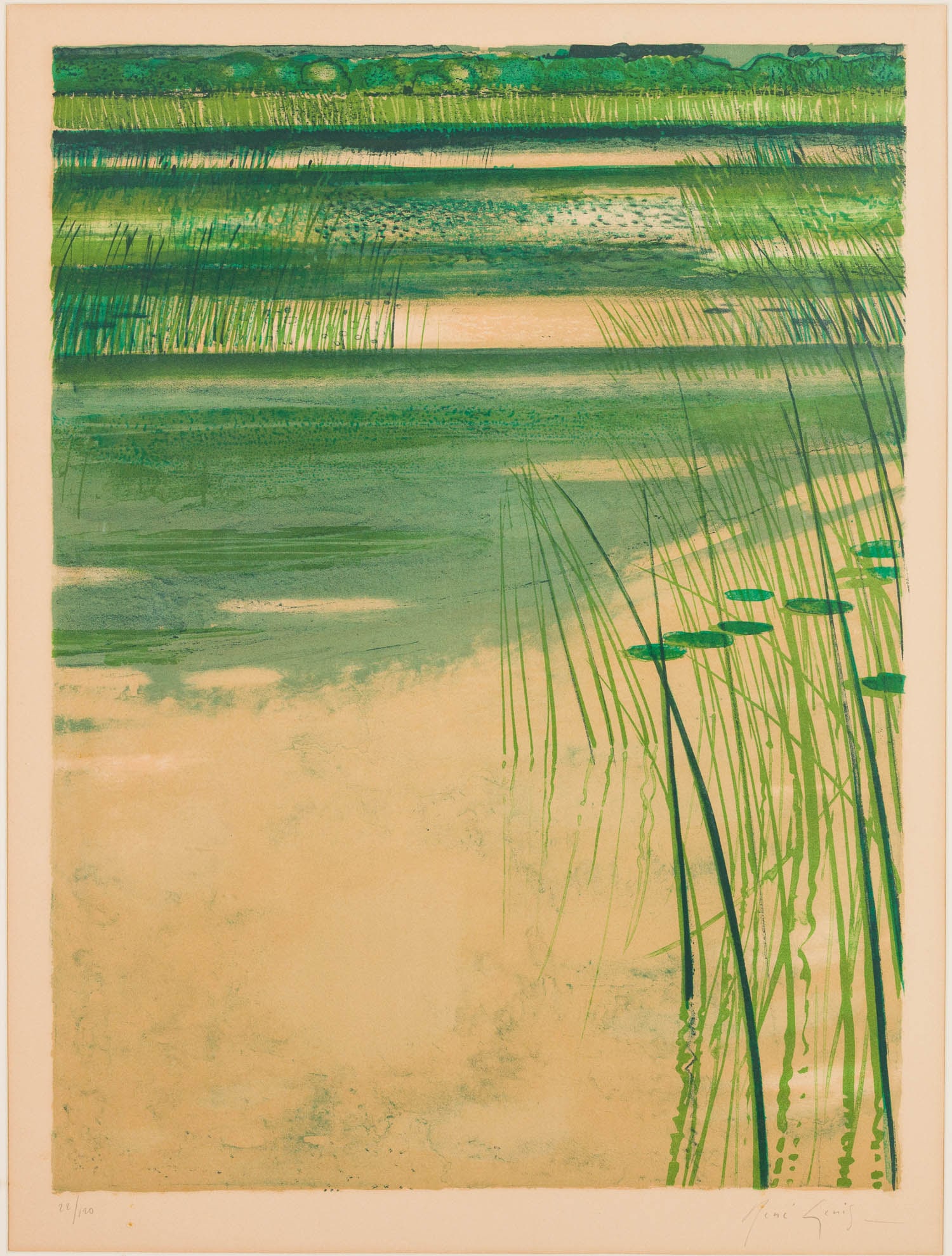 Rene Genis (French, 1922-2004), Les Roseaus, Litho: Description: Rene Genis (French, 1922-2004), Les Roseaus #F7279, Lithograph, pencil signed lower right and numbered lower left, depicting an abstract scene featuring horizontal composition with m