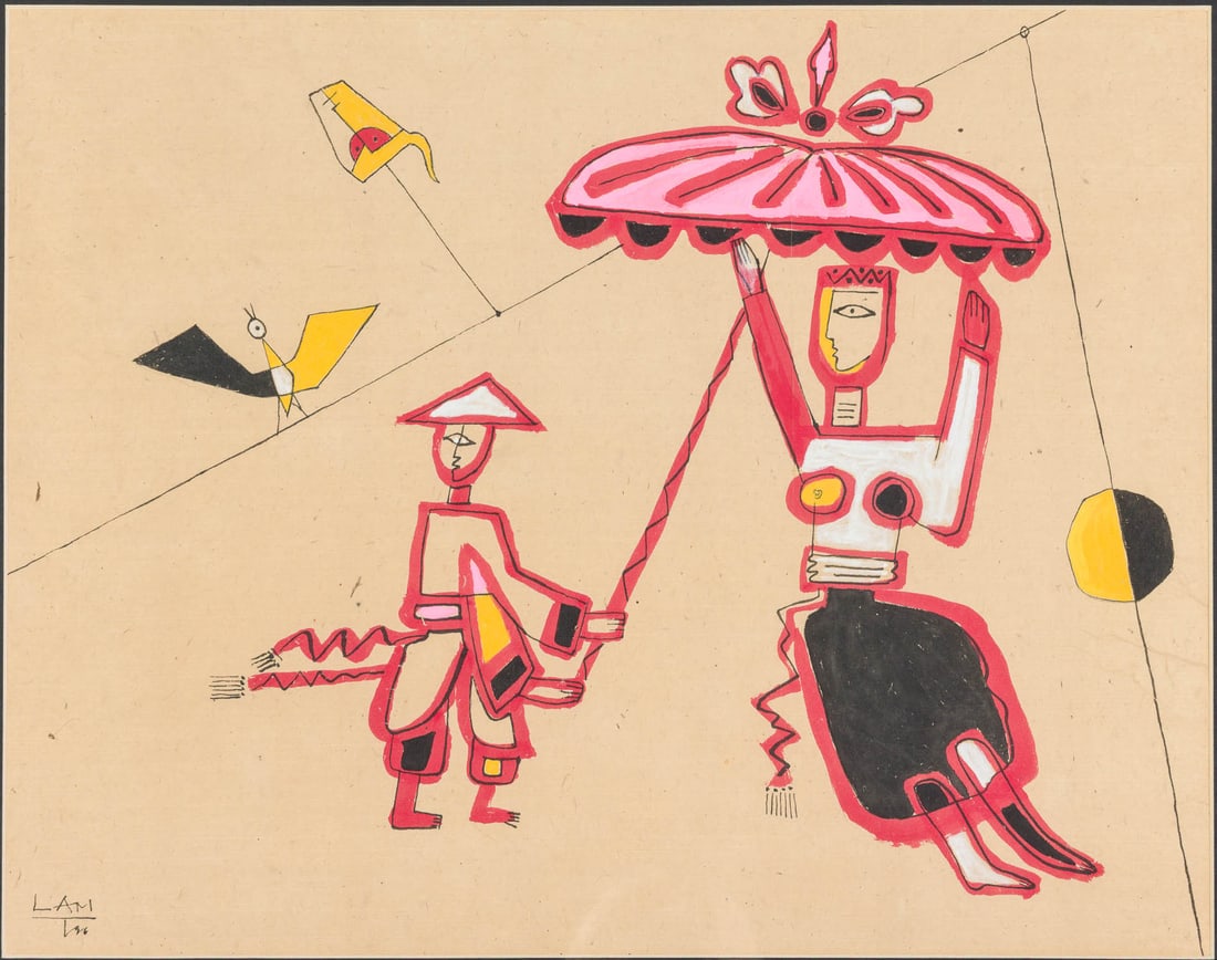 Signed Lam, Figures with Umbrella, Gouache, 1996 (1 of 10)