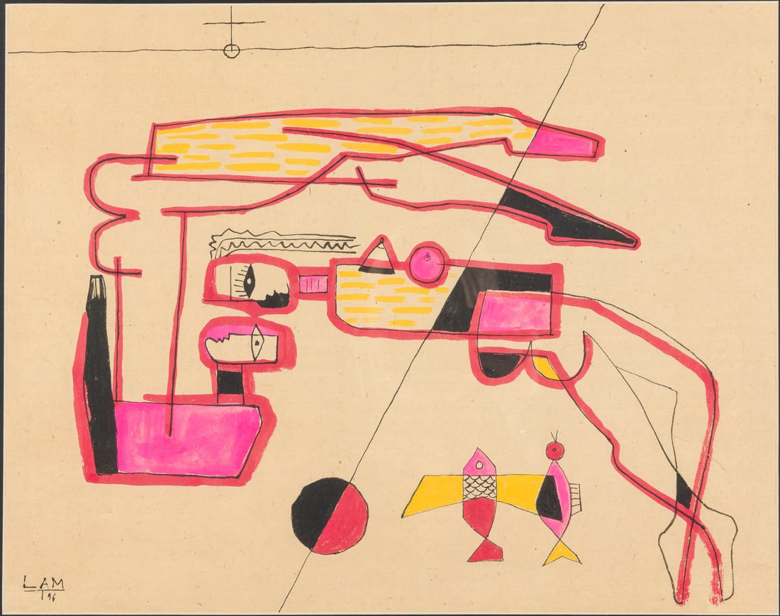 Signed Lam, Reclining Figures, Gouache, 1996: Property of a Private Collector, Ridgeland, SC Description: Signed Lam, Reclining Figures, Gouache on Brown Paper, 1996, signed and dated '96 lower left, depicting an abstract scene with geometric