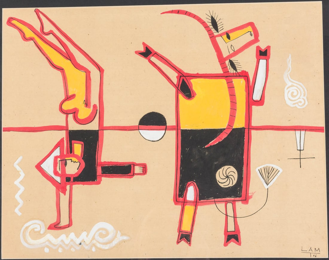 Signed Lam, Figure with Bull, Gouache, 1996 (1 of 10)