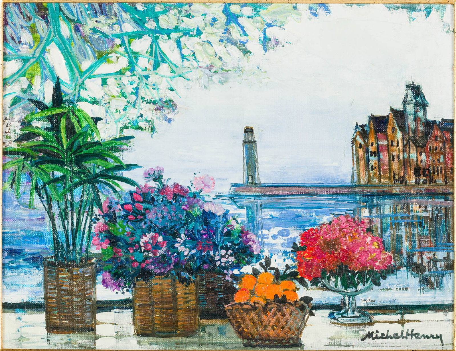 Michel Henry (French, 1928-2016), Port Nordique, O/C: Property from a Private Collection, Savannah, GA Description: Michel Henry (French, 1928-2016), Port Nordique, O/C, signed lower right, depicting baskets of flowers with harbor scene on the