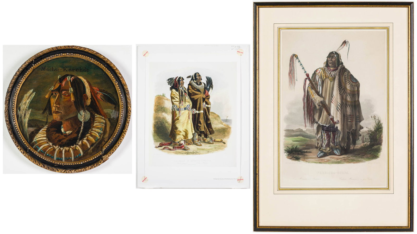 Karl Bodmer Painting of Machos-Karehde and 2 Prints: Property of Bliss Hebert and Allen Charles Klein Description: Karl Bodmer Painting of Machos-Karehde and 2 Prints, comprising a gouache portrait of Machsi-Karehde painted by Karl Bodmer, signed lower