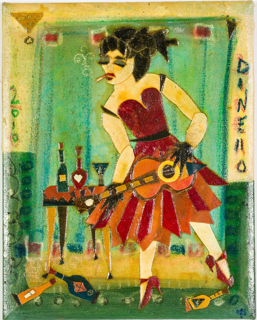 Laura Dinello (GA/SC), Woman with Guitar, M/M: Property from the Estate of Miriam K. Center, Savannah, GA Description: Laura Dinello (GA/SC, 20th/21st C), Woman with Guitar, Mixed Media, 2010, signed on the right edge and dated 2010 on the left