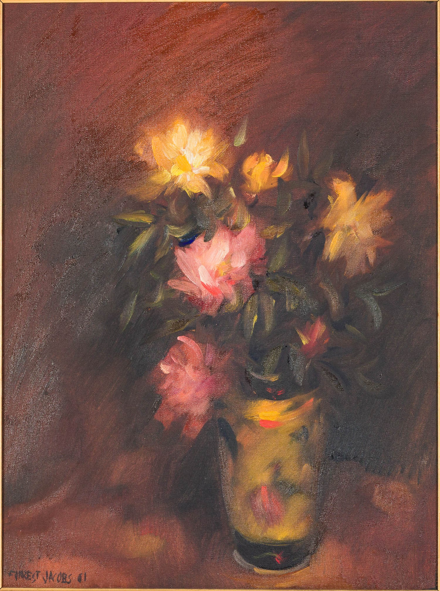 Forrest Jacobs (1934-2020), Flowers, O/C, 1961: Property of a South Carolina Private Collector Description: Forrest Jacobs (American, 1934-2020), Flowers, O/C, 1961, signed and dated '61 lower left, depicting a bouquet in a vase against a dark