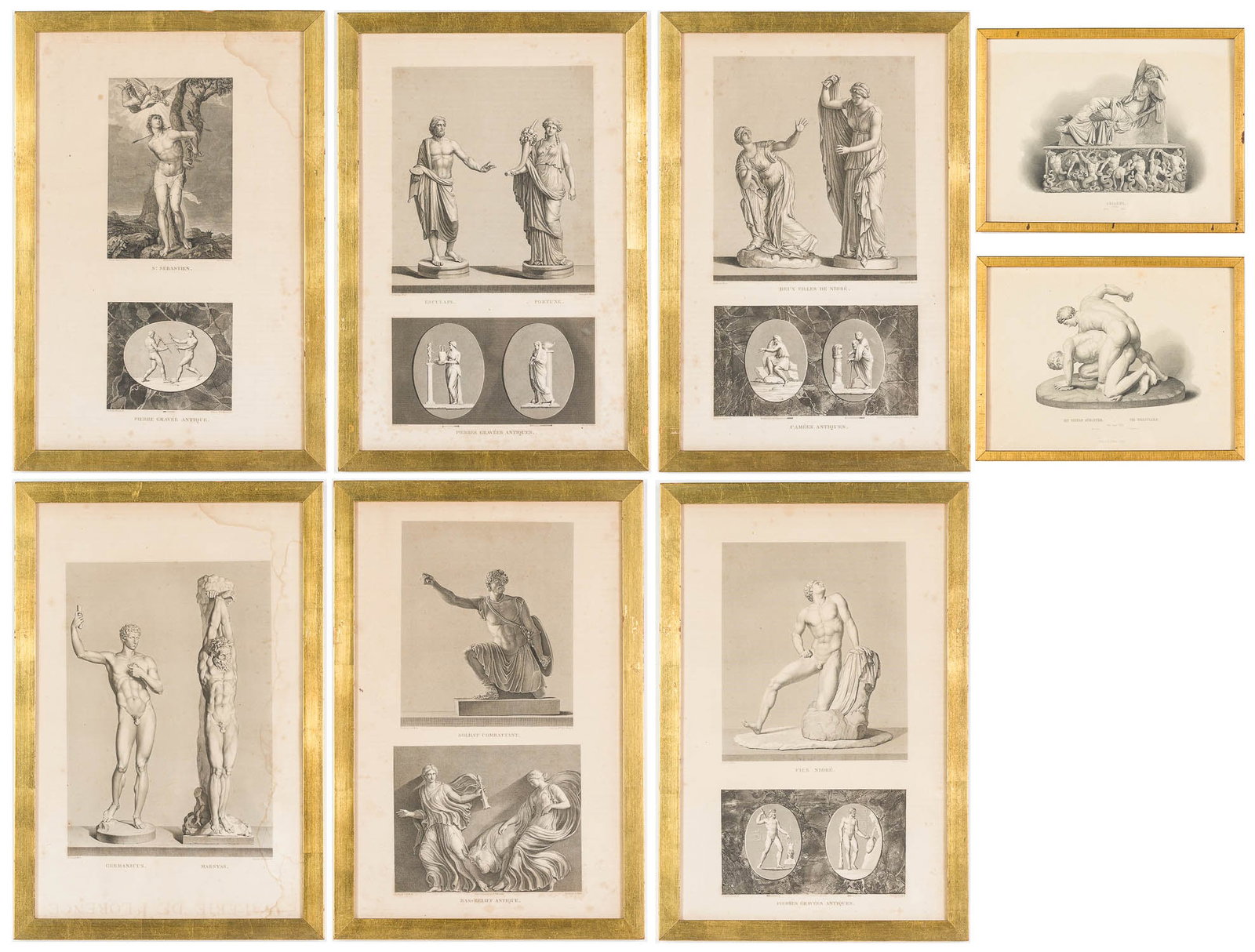 Eight Prints of Antiquities & Classical Sculptures: Property of Bliss Hebert and Allen Charles Klein Description: Eight Prints of Antiquities & Classical Sculptures, comprising "Ariadne" (toning to paper), "The Wrestlers" (minor foxing to paper), "