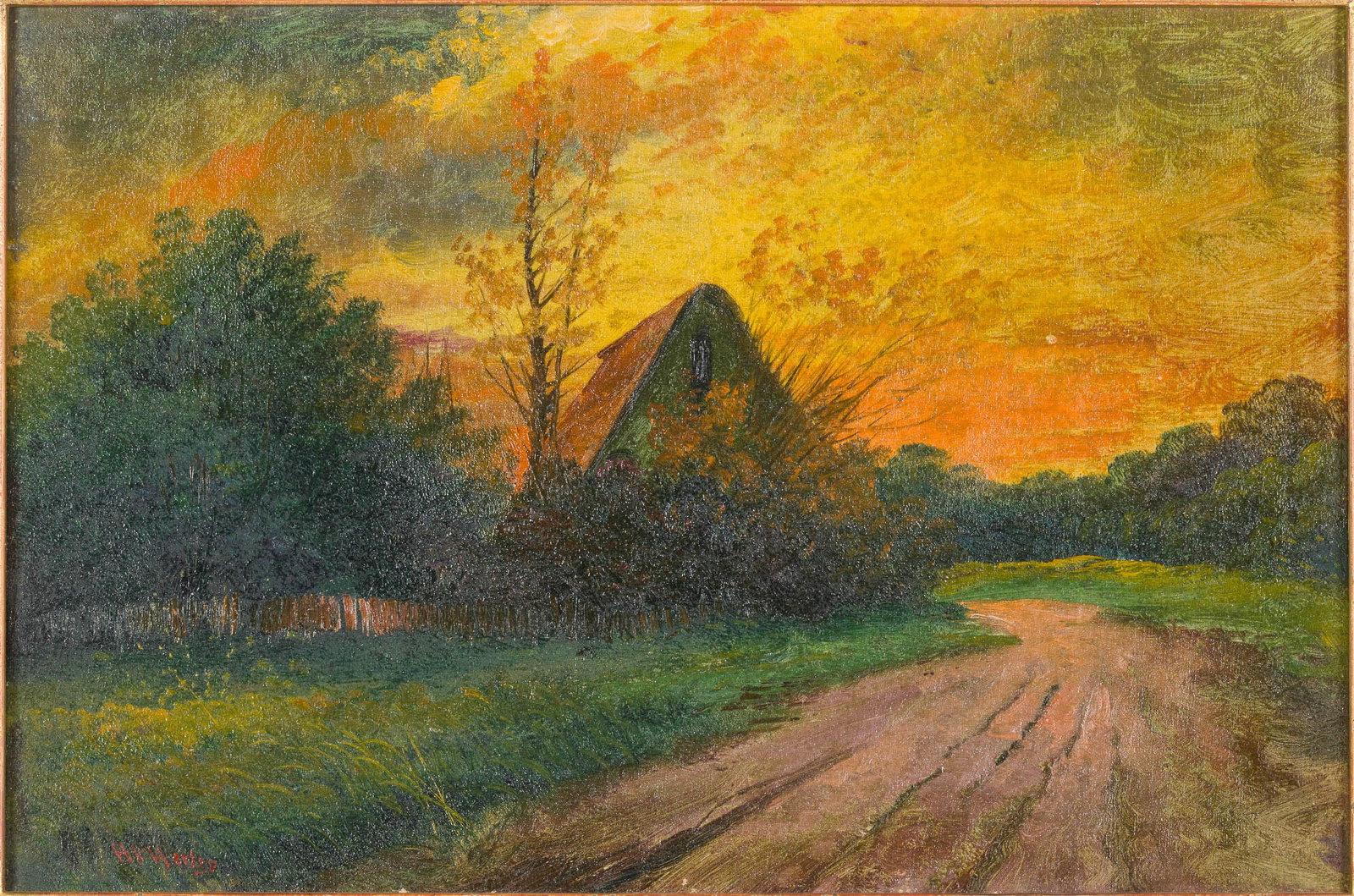 H.L. Herley (19th-20th C), House at Sunset, O/C: Property of a Private Collector, St. Helena Island, SC Description: H.L. Herley (American, 19th-20th C), House at Sunset, Oil on Canvas, signed lower left, depicting a rural landscape with a house