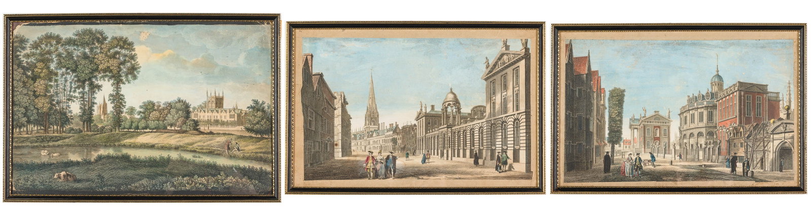 3 British Hand-Colored Engravings of Oxford: Property of Bliss Hebert and Allen Charles Klein Description: 3 British Hand-Colored Engravings of Oxford, all titled with hand-written description of the images on verso, comprising "The View of