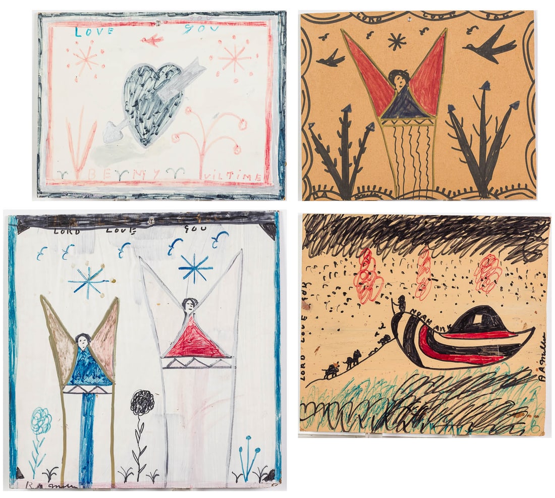 R.A. Miller (1912-2006), 4 Religious Themed Works: Property of a South Carolina Private Collector Description: R.A. Miller (American, 1912-2006), Four Religious Themed Works, Marker and Paint on Masonite, two signed lower left and inscribed "Lord