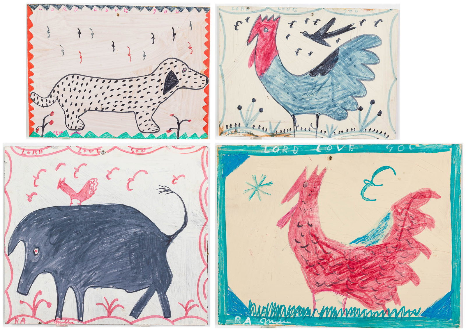 R.A. Miller (1912-2006), Four Animal Themed Works: Property of a South Carolina Private Collector Description: R.A. Miller (American, 1912-2006), Four Animal Themed Works, Marker and Paint on Masonite, all signed lower left and inscribed "Lord Love