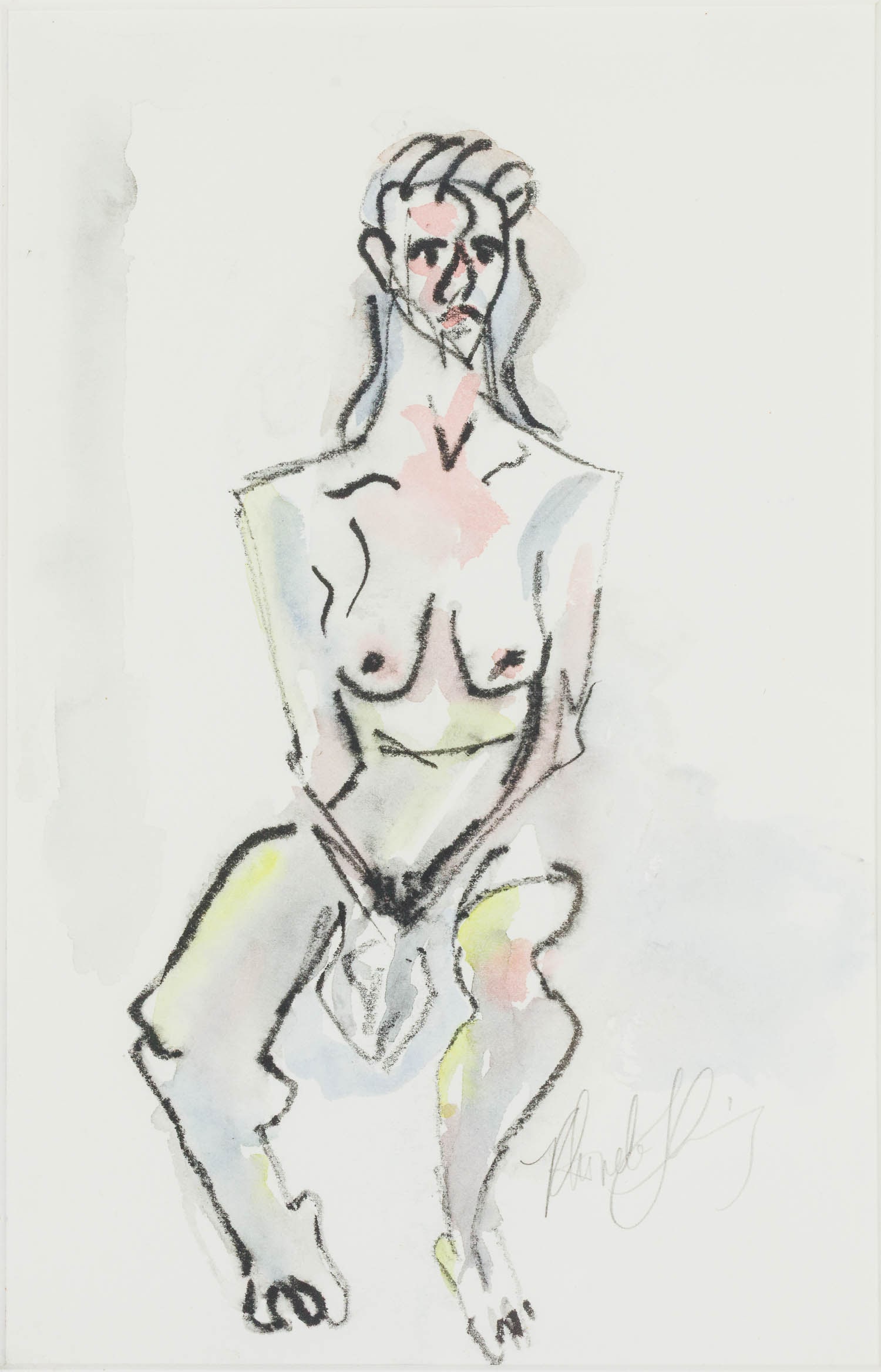 Illegibly Signed, Untitled, Watercolor on Paper: Property from the Estate of Miriam K. Center, Savannah, GA Description: Illegibly Signed, Untitled, Watercolor on Paper, signed lower right, depicting a seated nude female on an abstract white