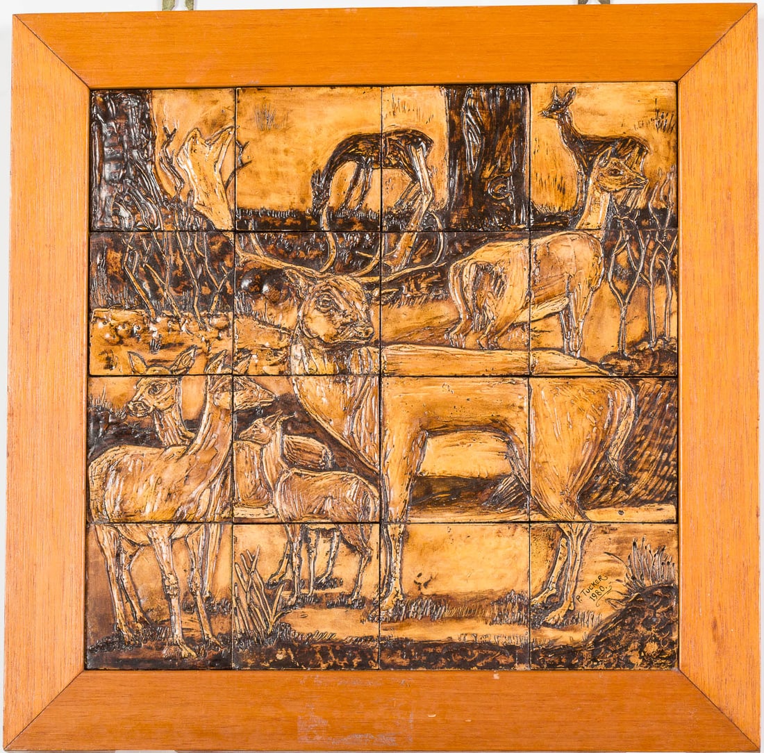 P. Tucker, Deer, Pyrography, 1980: Property from a Private Collector, Savannah, GA Description: P. Tucker, Deer, Pyrography, 1980, signed and dated 1980 lower right, inscribed "The original artwork for a smooth floor covering" on