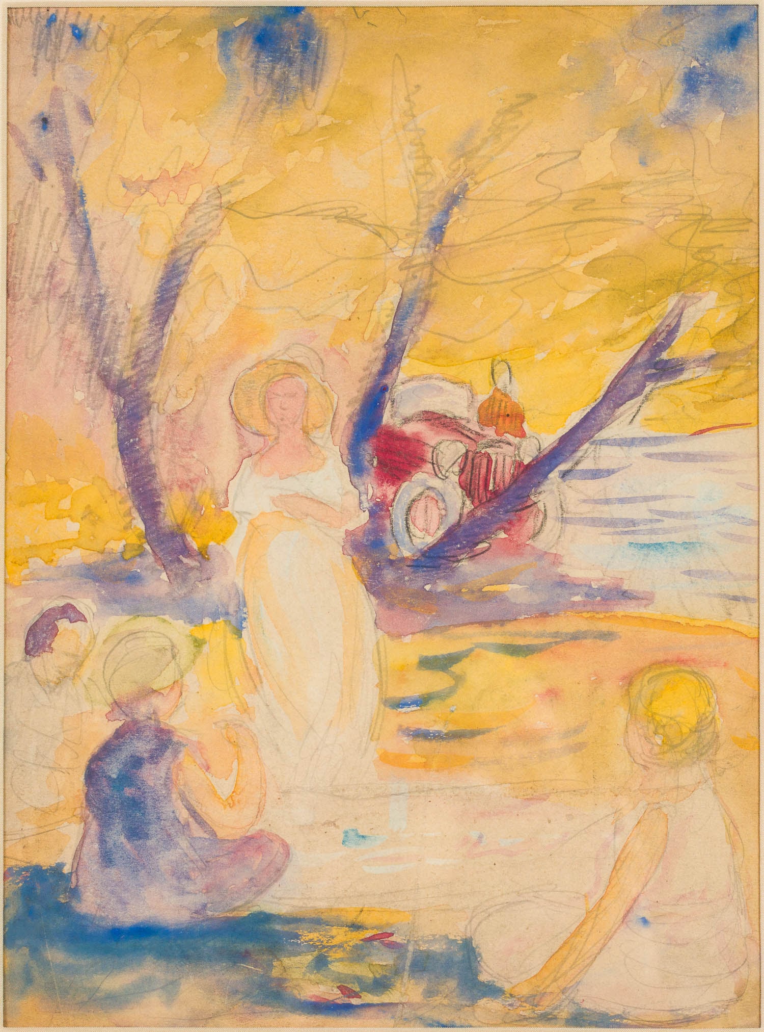 Unsigned, Family Picnic, Watercolor on Paper: Description: Unsigned, Family Picnic, Watercolor on Paper, depicting a family having a picnic with red automobile in the background, in a giltwood frame with a mat. Frame size: 16 3/4 in. x 14 in.